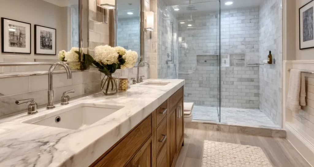 a bathroom with marble countertops and a walk-in shower